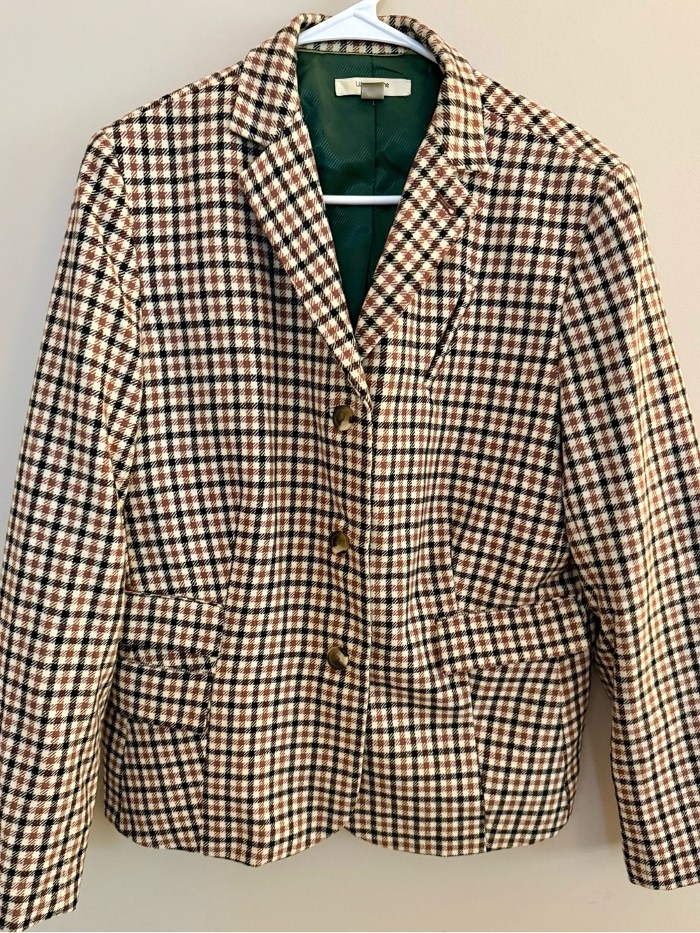 Vintage Liz Claiborne Wool Plaid Blazer Classic Academia Green Lining
